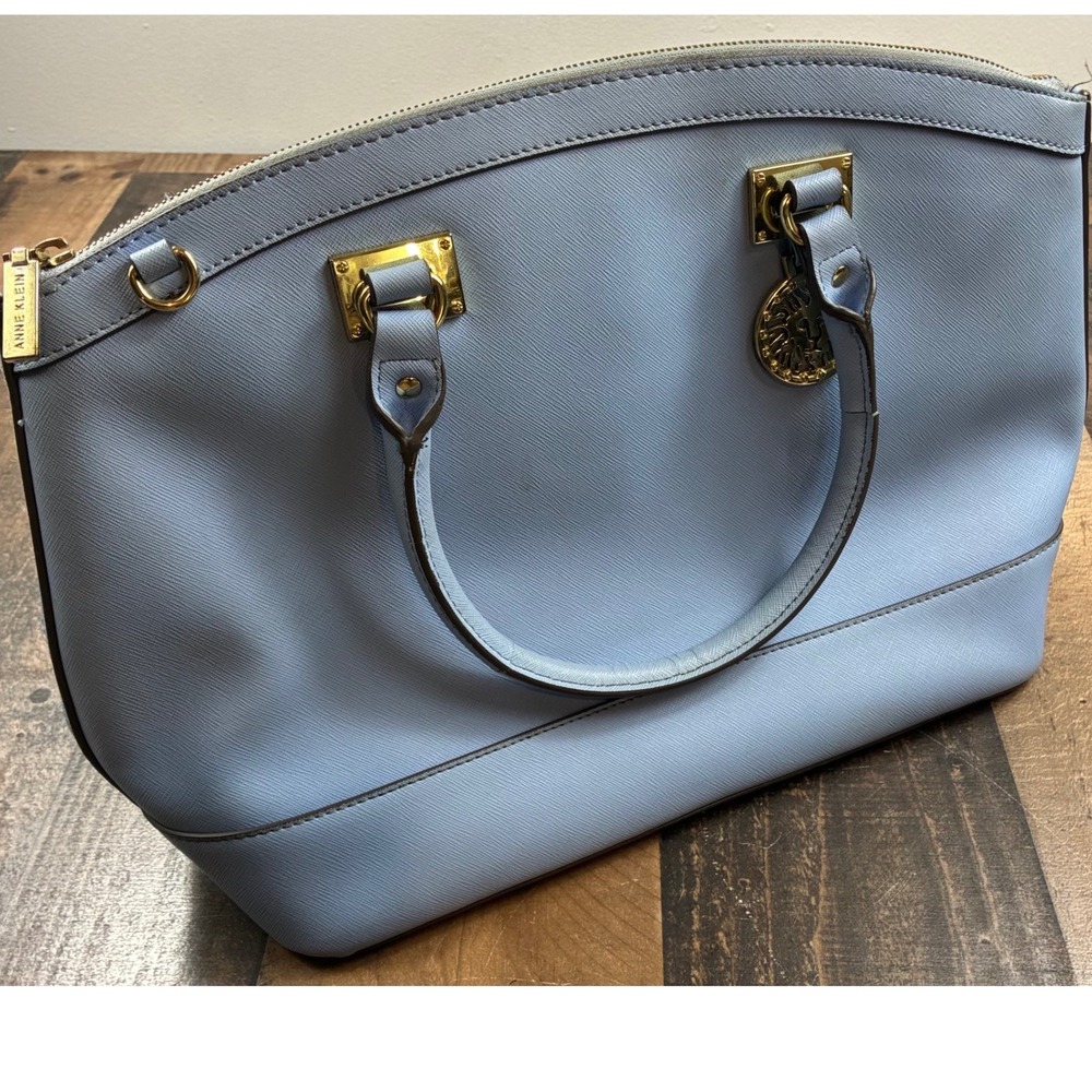 Anne Klein Satchel Bag Women Medium Blue Good Dome Faux Leather Lion Charm Purse